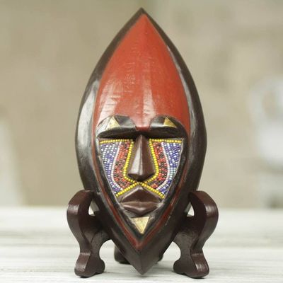 Primary image for African Wood Mask Carved by Hand with Colorful Beads Ntoboase I