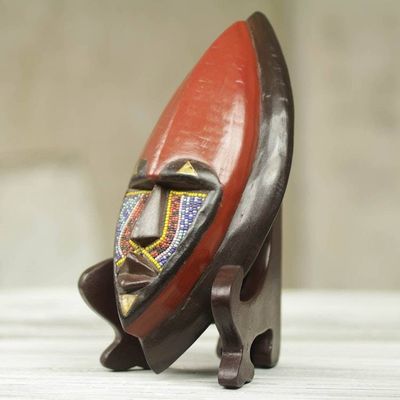 Alternate image for African Wood Mask Carved by Hand with Colorful Beads Ntoboase I