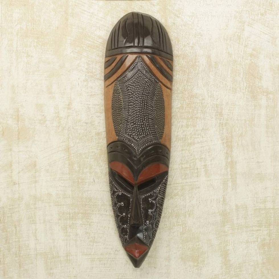 Handcrafted African Wood and Aluminum Mask from Ghana 'Patterned Beauty'