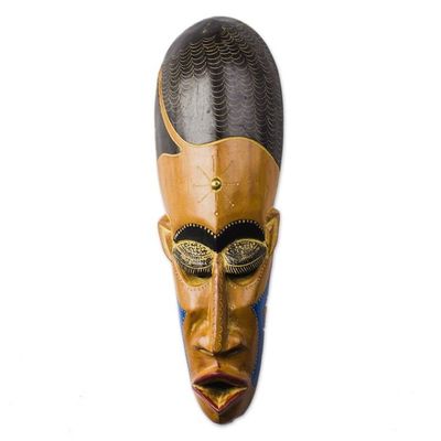 Alternate image for African Wood Mask in Brown with Brass Accents from Ghana Gods Greatness