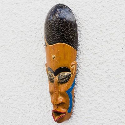 Alternate image for African Wood Mask in Brown with Brass Accents from Ghana Gods Greatness