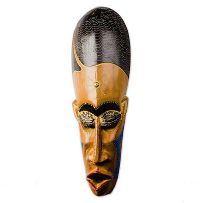 Alternate image for African Wood Mask in Brown with Brass Accents from Ghana Gods Greatness
