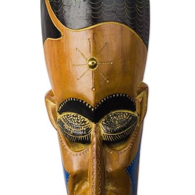 Alternate image for African Wood Mask in Brown with Brass Accents from Ghana Gods Greatness