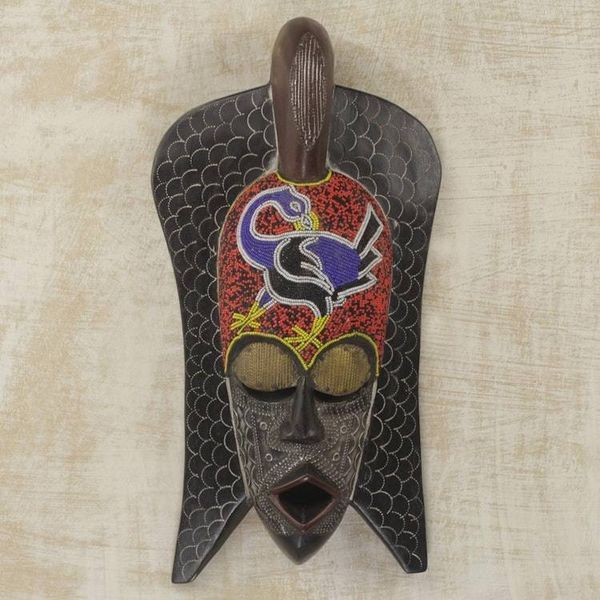 Alternate image for African Wood Wall Mask with Beaded Adinkra Symbol Sankofa Philosophy