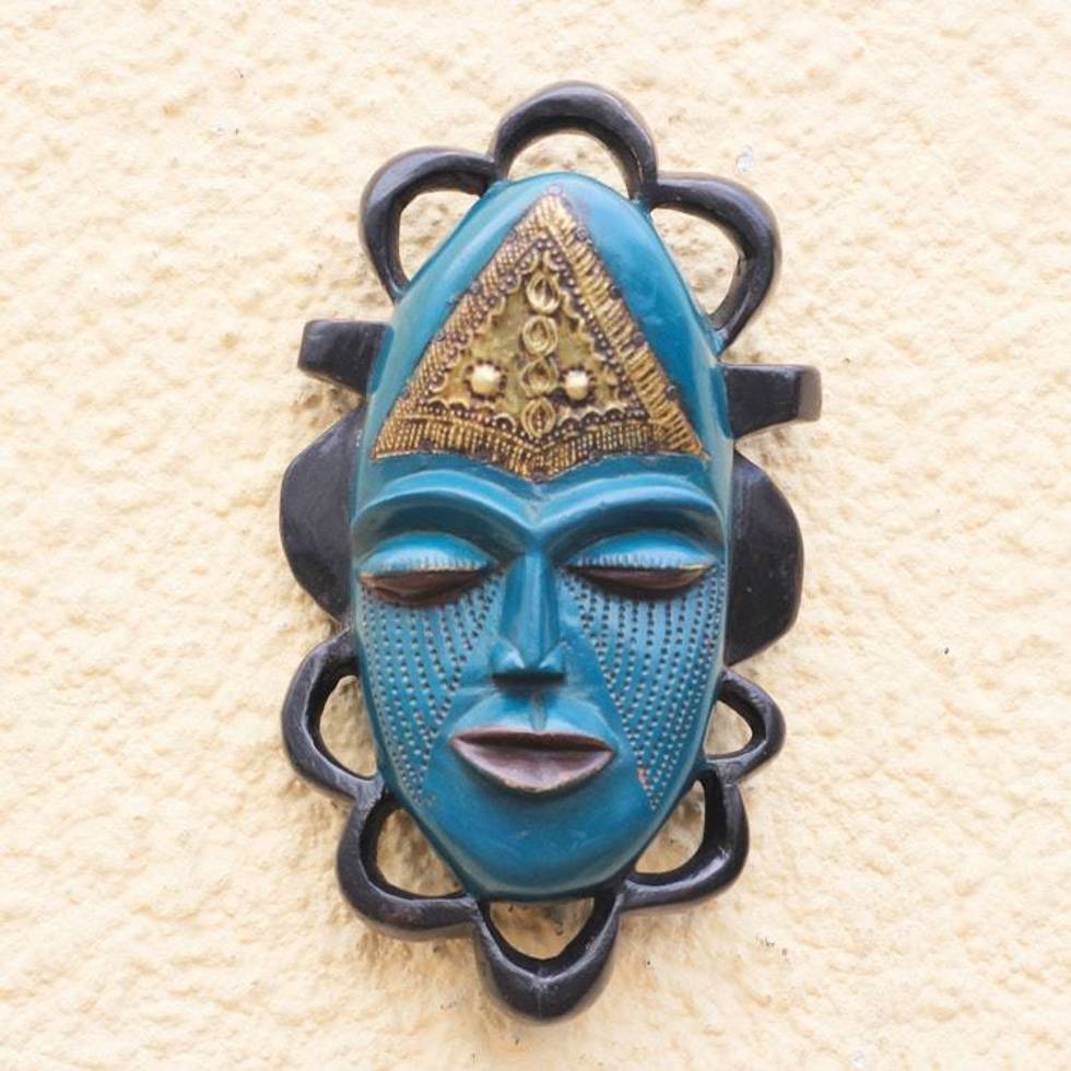 Blue Sese Wood and Brass African Mask from Ghana 'Blue Beauty'