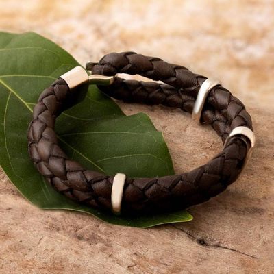 Alternate image for Mens Sterling Silver and Braided Leather Bracelet Furrows