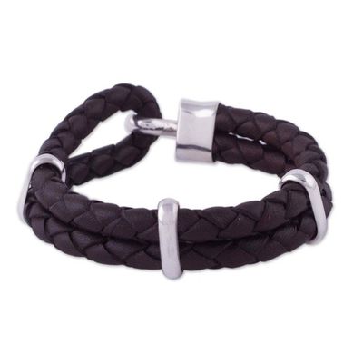 Alternate image for Mens Sterling Silver and Braided Leather Bracelet Furrows