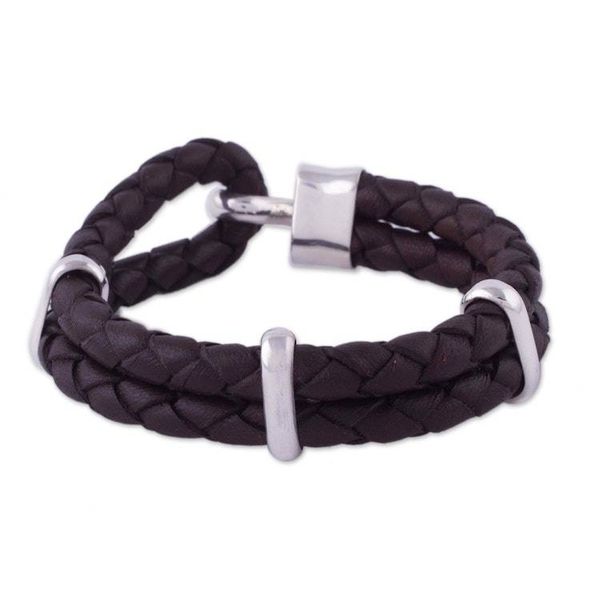 Alternate image for Mens Sterling Silver and Braided Leather Bracelet Furrows