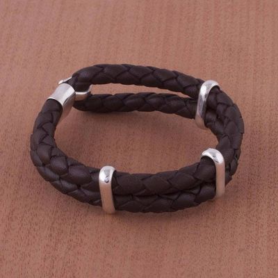 Alternate image for Mens Sterling Silver and Braided Leather Bracelet Furrows