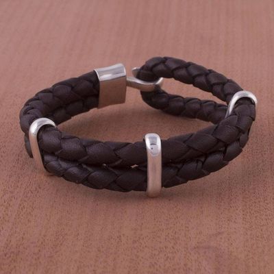 Alternate image for Mens Sterling Silver and Braided Leather Bracelet Furrows