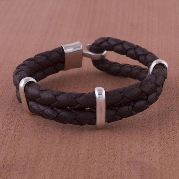 Alternate image for Mens Sterling Silver and Braided Leather Bracelet Furrows