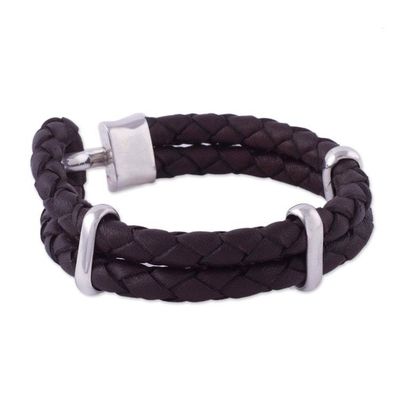 Alternate image for Mens Sterling Silver and Braided Leather Bracelet Furrows