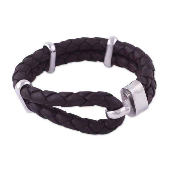 Alternate image for Mens Sterling Silver and Braided Leather Bracelet Furrows