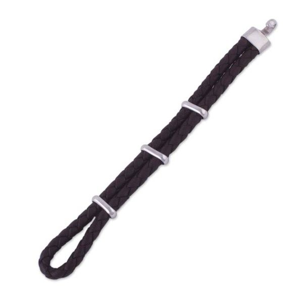 Alternate image for Mens Sterling Silver and Braided Leather Bracelet Furrows