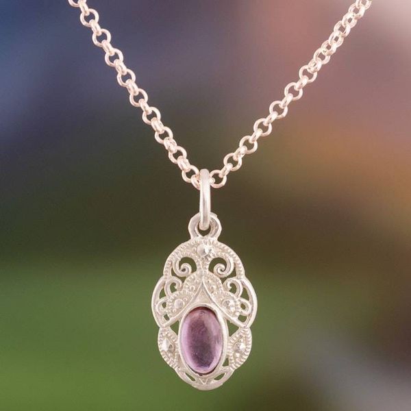 Alternate image for High-Polished Natural Amethyst Cabochon Pendant Necklace Antique Whispers