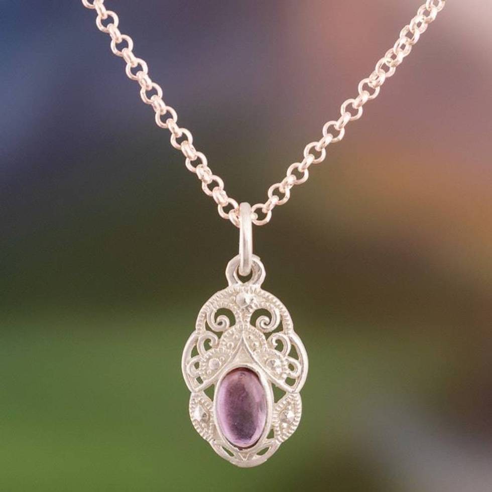 High-Polished Natural Amethyst Cabochon Pendant Necklace 'Antique Whispers'