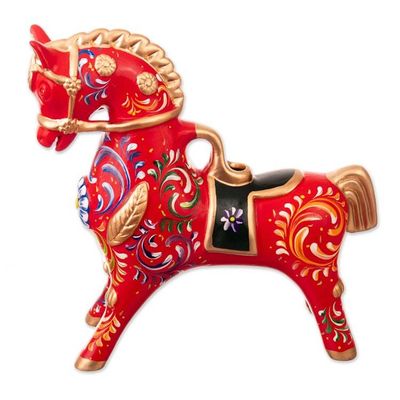 Alternate image for Traditional Andean Red and Golden Ceramic Horse Sculpture Red Horse of Pucara