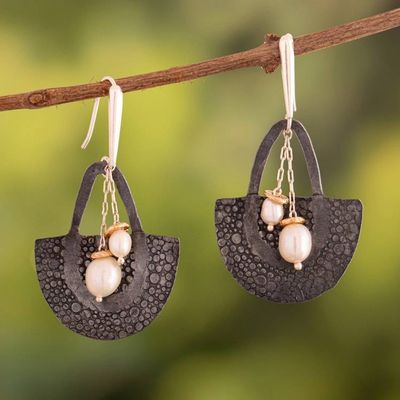 Alternate image for Gold-Accented Darkened Silver Cultured Pearl Dangle Earrings Rustic Flair
