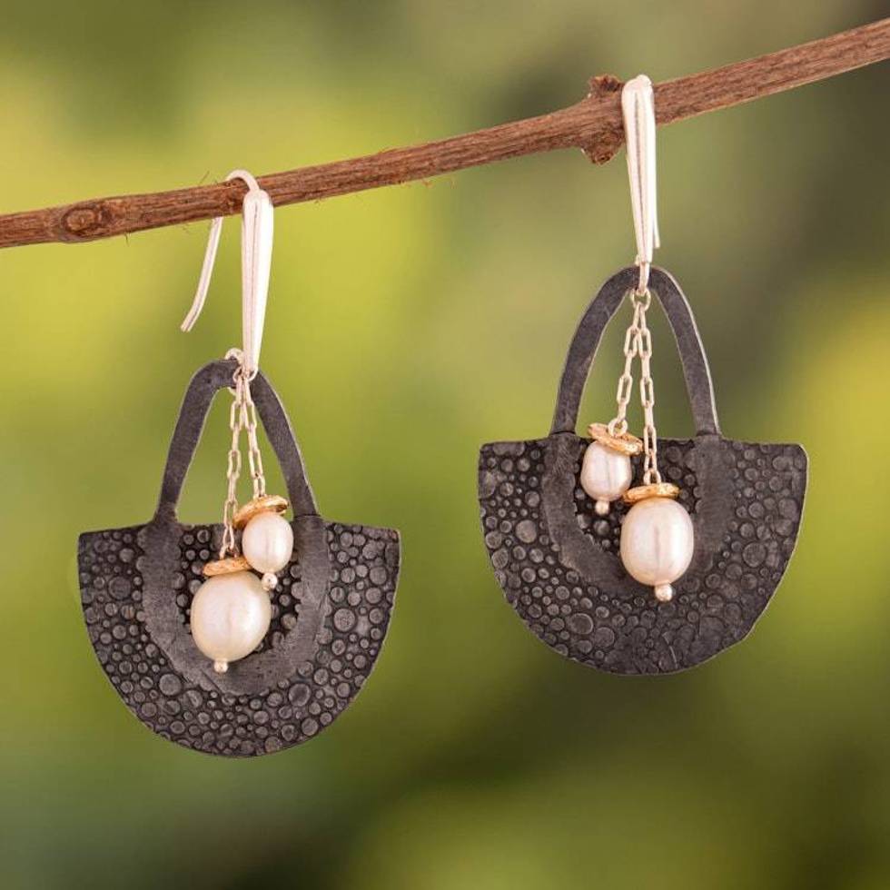 Gold-Accented Darkened Silver Cultured Pearl Dangle Earrings 'Rustic Flair'