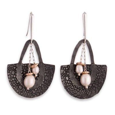 Alternate image for Gold-Accented Darkened Silver Cultured Pearl Dangle Earrings Rustic Flair