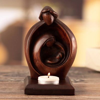Alternate image for Hand-Carved Cedarwood Holy Family Tealight Candleholder Bright Season