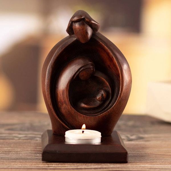 Alternate image for Hand-Carved Cedarwood Holy Family Tealight Candleholder Bright Season