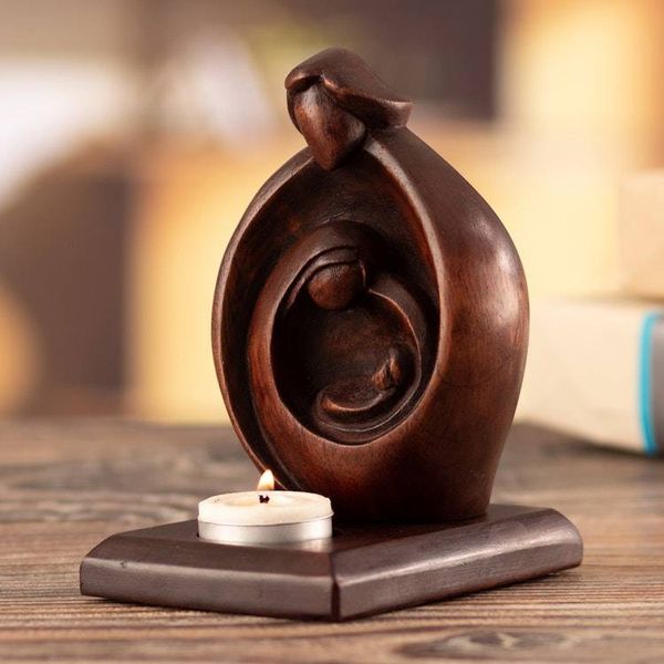 Alternate image for Hand-Carved Cedarwood Holy Family Tealight Candleholder Bright Season