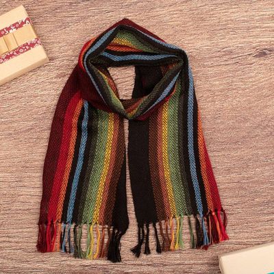 Alternate image for Striped Handwoven Soft 100 Alpaca Scarf in Rainbow Hues Colors of Coziness