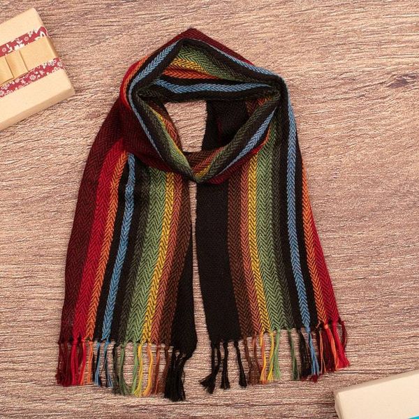 Alternate image for Striped Handwoven Soft 100 Alpaca Scarf in Rainbow Hues Colors of Coziness