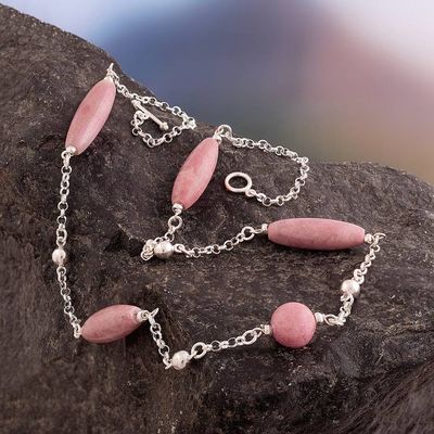Alternate image for Polished Silver Long Station Necklace with Rhodonite Stones Pink Sparks