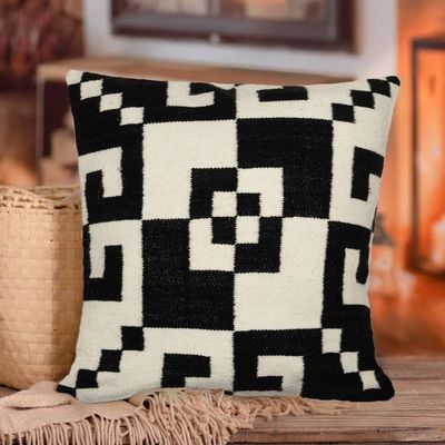 Alternate image for Geometric-Patterned Black and White 100 Wool Cushion Cover Andean Anthology