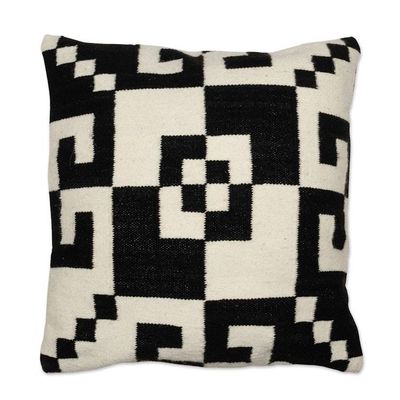 Alternate image for Geometric-Patterned Black and White 100 Wool Cushion Cover Andean Anthology