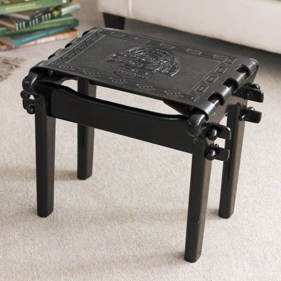 Handcrafted Black Tooled Leather Wood Stool from Peru 'Nobility'