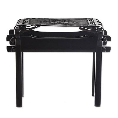 Alternate image for Handcrafted Black Tooled Leather Wood Stool from Peru Nobility