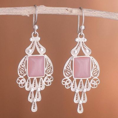 Alternate image for Handcrafted Fine Silver and Rose Quartz Dangle Earrings Pink Tulip