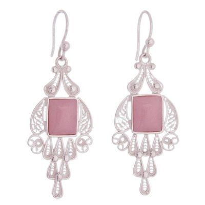 Alternate image for Handcrafted Fine Silver and Rose Quartz Dangle Earrings Pink Tulip
