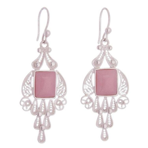 Alternate image for Handcrafted Fine Silver and Rose Quartz Dangle Earrings Pink Tulip