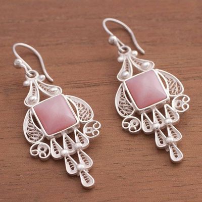 Alternate image for Handcrafted Fine Silver and Rose Quartz Dangle Earrings Pink Tulip