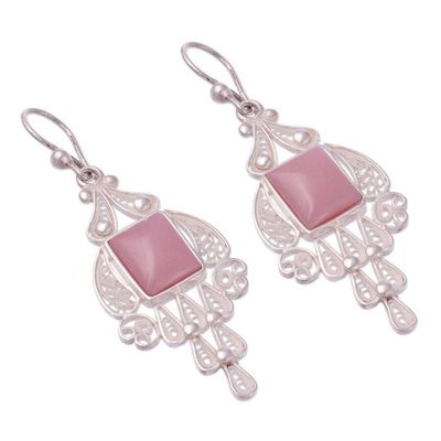 Alternate image for Handcrafted Fine Silver and Rose Quartz Dangle Earrings Pink Tulip