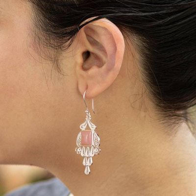 Alternate image for Handcrafted Fine Silver and Rose Quartz Dangle Earrings Pink Tulip