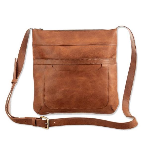 Alternate image for Adjustable Brown Leather Sling Bag with Zipper Closure Evening Adventure