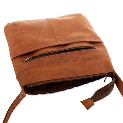 Alternate image for Adjustable Brown Leather Sling Bag with Zipper Closure Evening Adventure