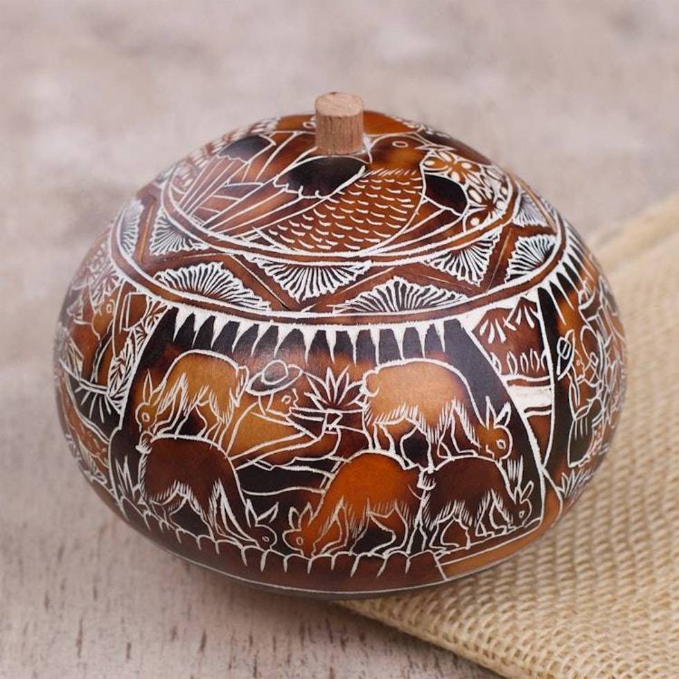 Hand Carved Gourd Decorative Box with Harvest Festival Scene 'Harvest Festival'