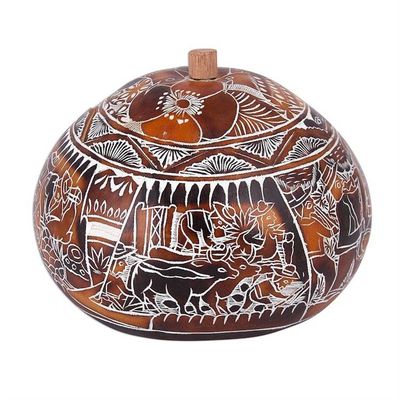 Alternate image for Hand Carved Gourd Decorative Box with Harvest Festival Scene Harvest Festival