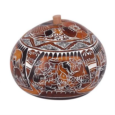 Alternate image for Hand Carved Gourd Decorative Box with Harvest Festival Scene Harvest Festival