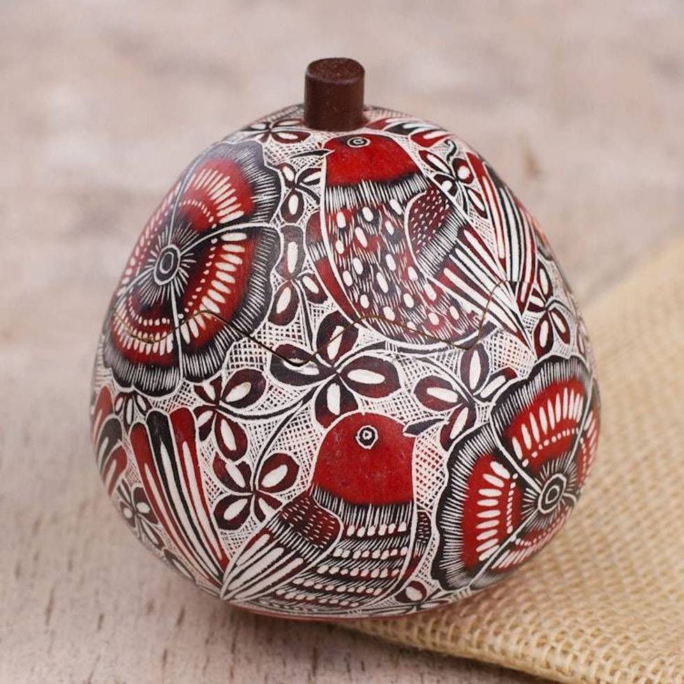 Red Birds and Flowers Hand Carved Gourd Decorative Box 'Redbird's Song'