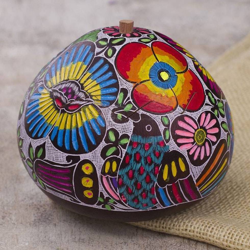 Hand Carved and Painted Birds Flowers Gourd Decorative Box 'Garden Song'