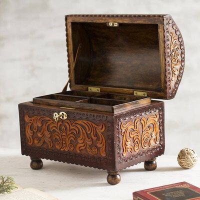 Alternate image for Vine Pattern Leather and Wood Jewelry Chest from Peru Colonial Style