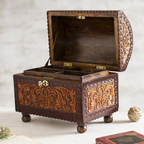 Alternate image for Vine Pattern Leather and Wood Jewelry Chest from Peru Colonial Style