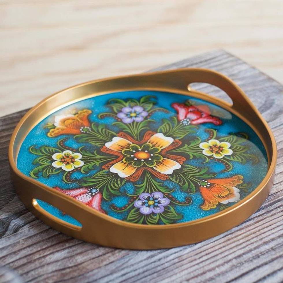 Tulip Motif Reverse-Painted Glass Tray in Blue from Peru 'Tulip Beauty in Blue'